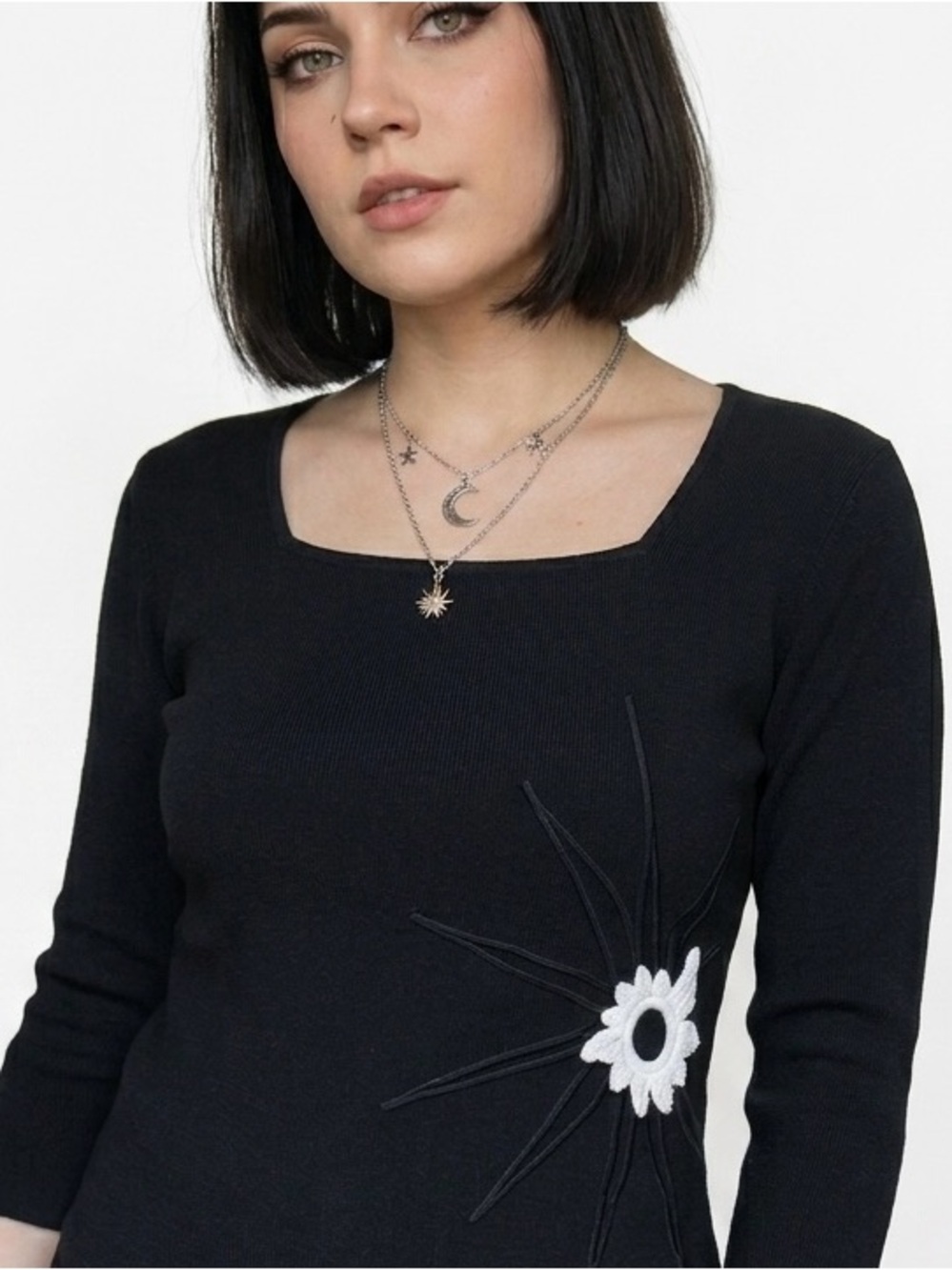 Cygnus Vintage Whimsigoth Black Knit Top Square Neck 3/4 Sleeve Crochet Sun L